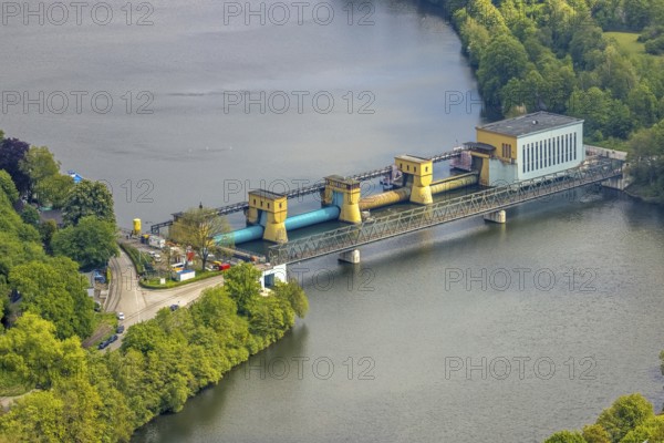 Aerial view, run-of-river power station Hengstey, city border between Herdecke and Hagen, Vorhalle,