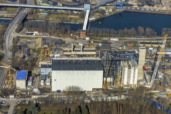 Aerial photo, STEAG combined heat and power plant Herne on the Rhine-Herne Canal, construction site