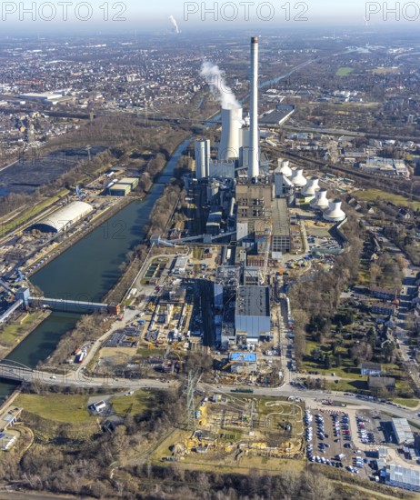 Aerial photo, STEAG combined heat and power plant Herne on the Rhine-Herne Canal, construction site