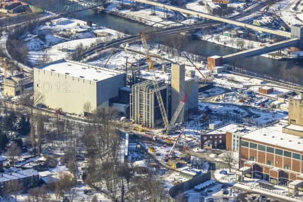 Aerial view, construction site STEAG construction project gas-fired power plant and steam power