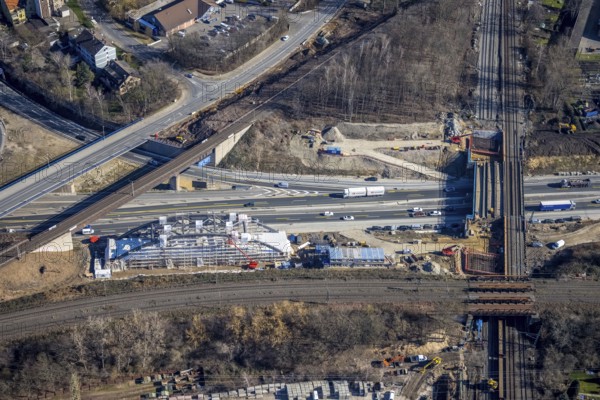 Aerial view, construction site bridge construction at Herne motorway junction, railway bridge, arch