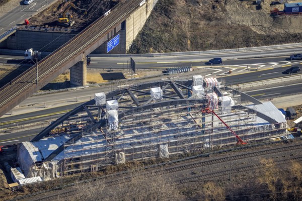 Aerial view, construction site bridge construction at Herne motorway junction, railway bridge, arch