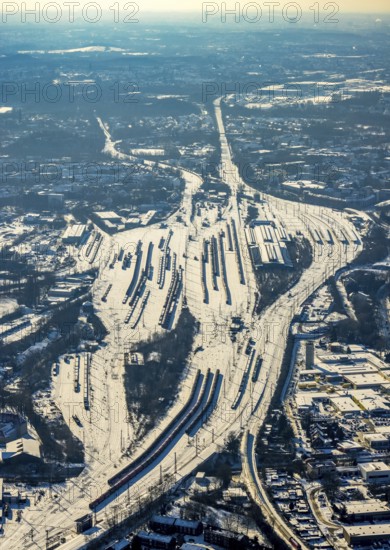 Aerial view, Wanne-Eickel main station, signal box, railway tracks in the snow, Baukau-West, Herne,