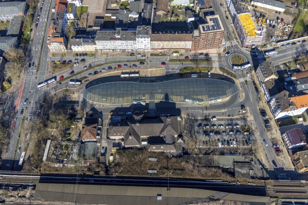 Aerial view, Herne main station, futuristic bus station, Baukau, Herne, Ruhr area, North