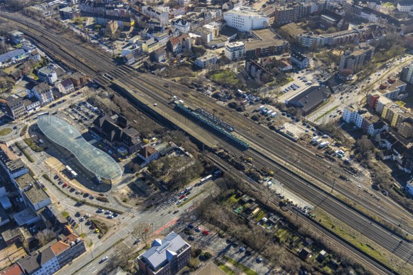 Aerial view, Herne main station, futuristic bus station, Baukau, Herne, Ruhr area, North