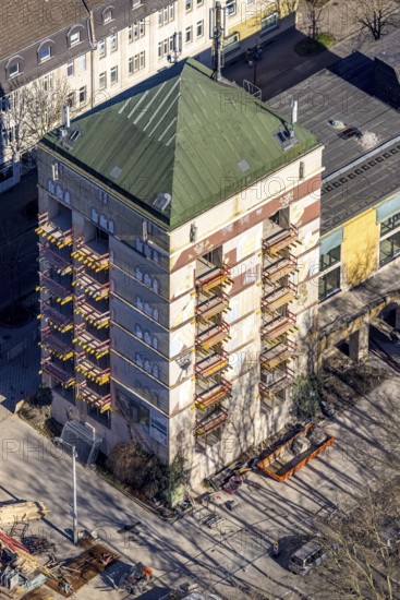 Aerial view, construction site World War II bunker with new flats, Kurt-Edelhagen-Platz, Sodingen,