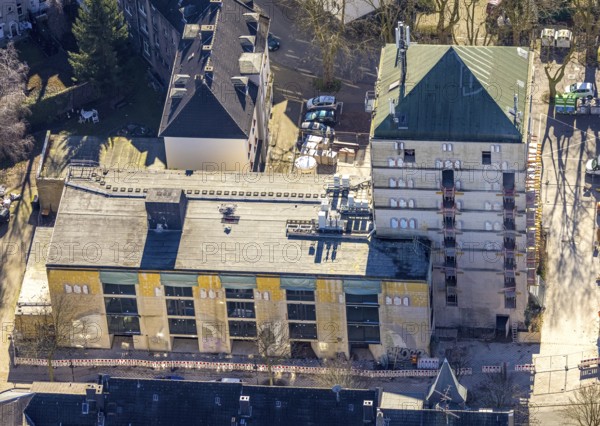 Aerial view, construction site World War II bunker with new flats, Kurt-Edelhagen-Platz, Sodingen,