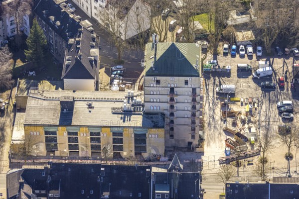 Aerial view, construction site World War II bunker with new flats, Kurt-Edelhagen-Platz, Sodingen,