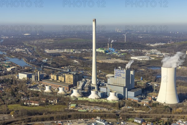 Aerial photo, STEAG combined heat and power plant Herne on the Rhine-Herne Canal, construction site