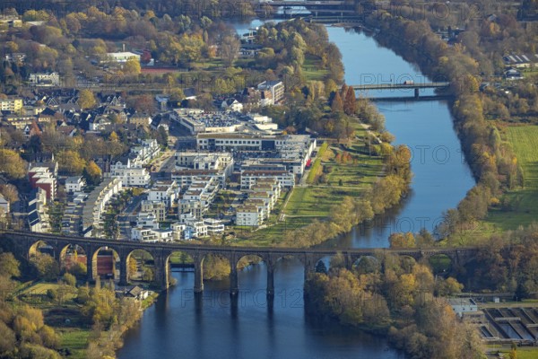 Aerial view, Ruhr viaduct and Ruhr-Aue district with Ruhr promenade on the Ruhr river in Herdecke,