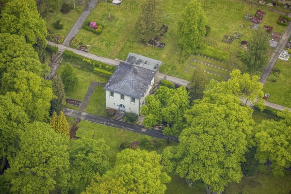 Aerial view, chapel of the städt. Cemetery, Wienberg, Herdecke, Ruhr area, North Rhine-Westphalia,