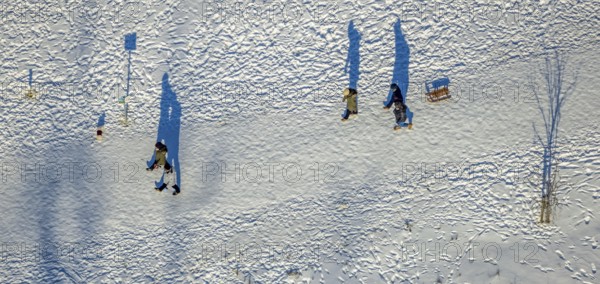 Aerial view, snow walk in Flottmannpark, Herne-Süd, Herne, Ruhr area, North Rhine-Westphalia,