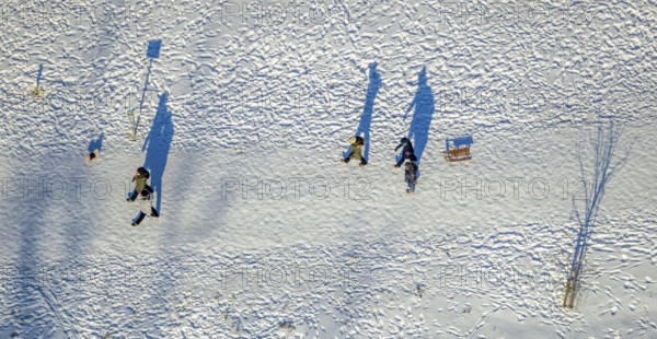 Aerial view, snow walk in Flottmannpark, Herne-Süd, Herne, Ruhr area, North Rhine-Westphalia,