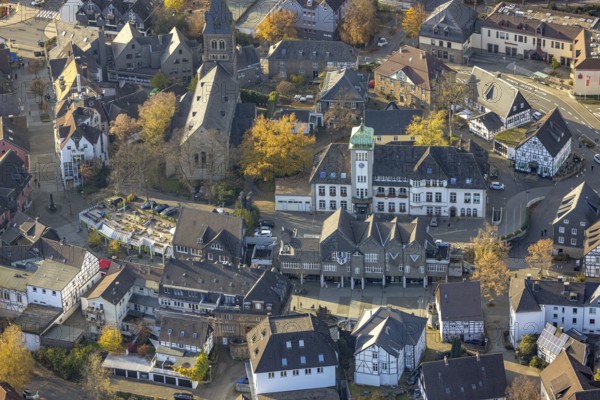 Aerial view, old town with town hall and protestant collegiate church in Herdecke, Ruhr area, North