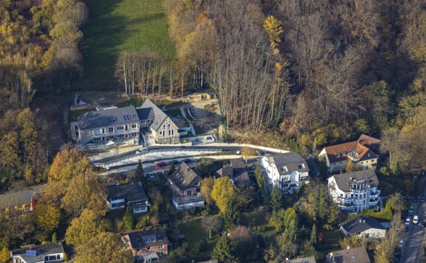 Aerial view, construction site and new building for a Waldorf kindergarten on Bergweg in the
