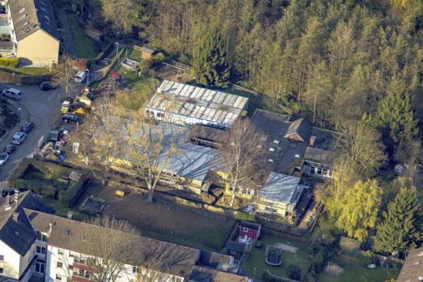 Aerial view, construction site with extension kindergarten Zum Kuckuck in the district Westende in