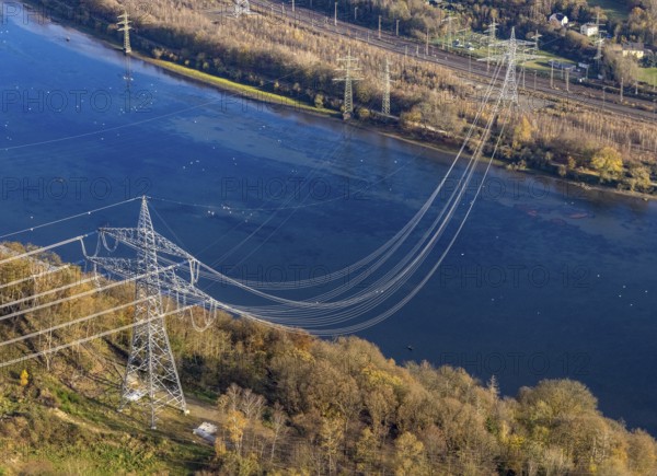 Aerial view, power pole and power line at the Köpchenwerk over the Hengsteysee in Herdecke, Ruhr