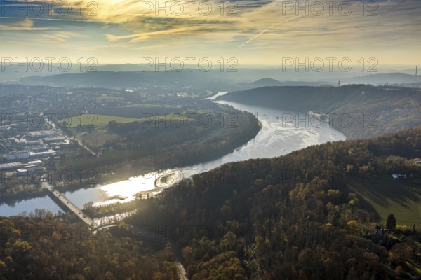 Aerial view, Hengsteysee in backlight with the Köpchenwerk RWE pumped storage power plant between