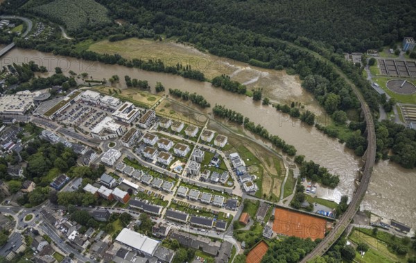 Aerial photo, Ruhr flood, barrage Hengsteysee, flooding, Herdecke, Boele, Hagen, Ruhr area, North