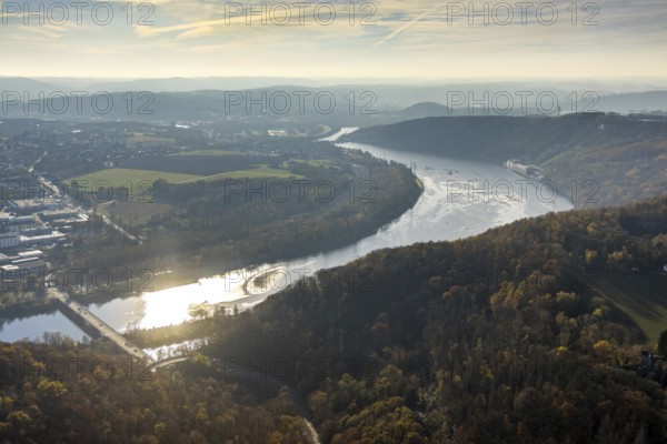 Aerial view, Hengsteysee in backlight with the Köpchenwerk RWE pumped storage power plant between