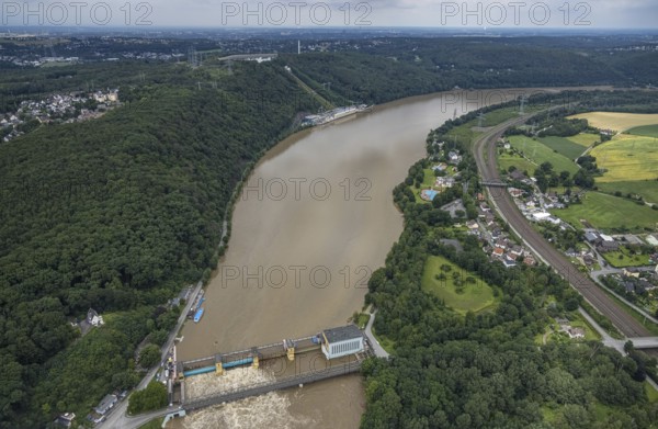 Aerial photo, Ruhr flood, barrage Hengsteysee, flooding, Herdecke, Boele, Hagen, Ruhr area, North