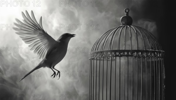 Black And White Hand Drawn Image Capturing Birds Soaring Out Of A Cage - A Detailed Illustration Of
