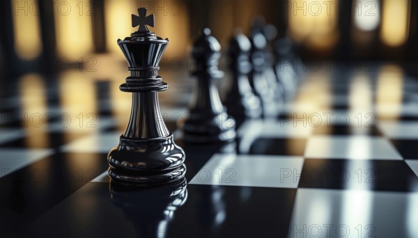 Artistic Arrangement: Chess Pieces On Shiny Chessboard - An Artistic Display Featuring Chess Pieces