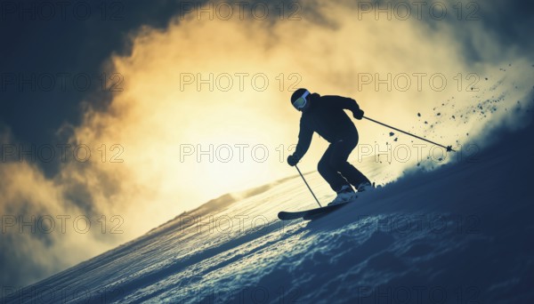 Skiing Silhouette: A Thrilling Winter Extreme Sport Displaying The Art Of Gliding Down Snow-Covered