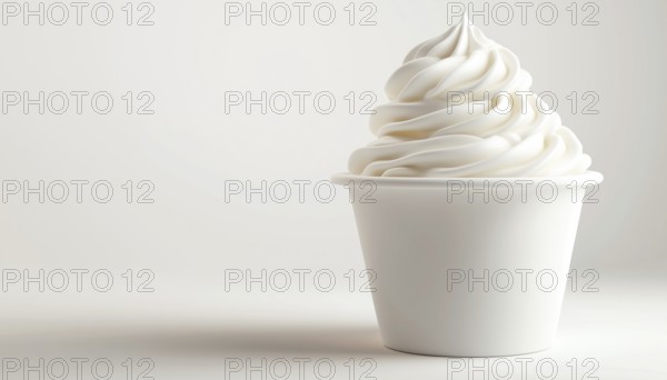 Whipped Cream Or Soft Ice Cream In A White Cup, Realistically Presented Against A White Background.