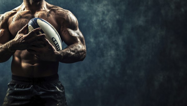 Rugby Player Holding Ball In Horizontal Position, With Space For Text. Action Shot In Sports Of
