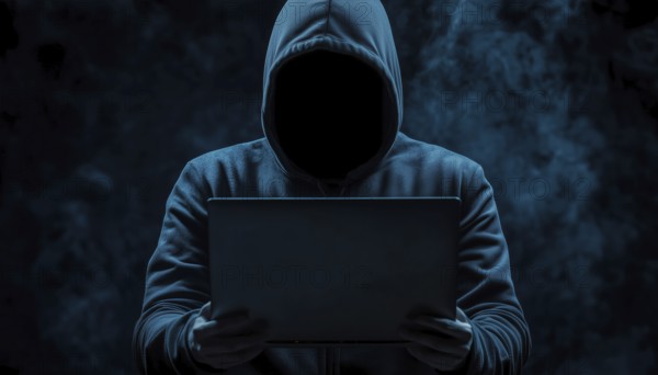 Dark Face Of Cyber Crime: Anonymous Hooded Hacker With Laptop Engaged In Internet Malware And