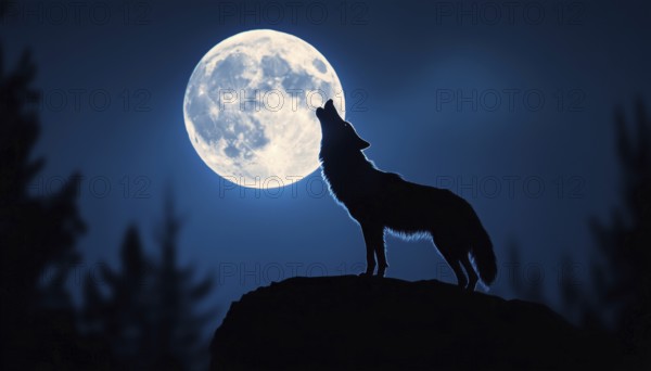Howling Wolf Silhouette On Abstract Blue Background Underneath A Full Moon - Stunning Nighttime