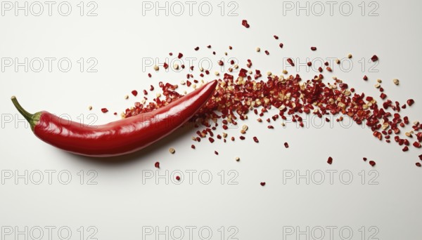 Red Chili Pepper Seed Explosively Burst Out Over A White Background, Showcasing Vibrant Colors And