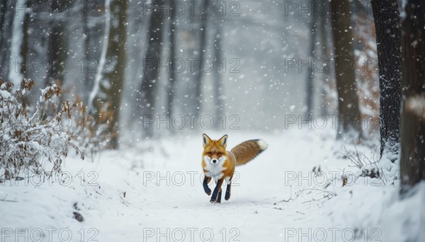 Winter Wonderland: Fox Darting Through Snowy Forest With Large Snowdrifts Among The Trees In Snowy