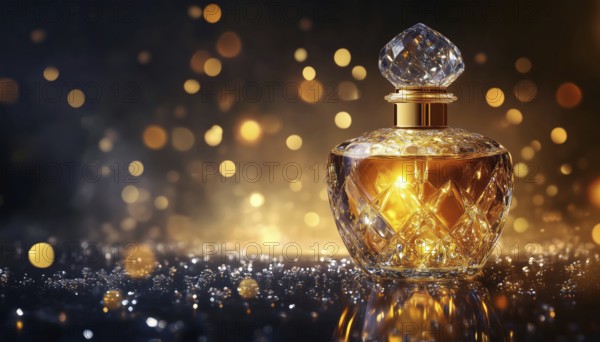 Luxurious Perfume Bottle Adorned With Crystals On A Dark Shiny Mock Up: Glass Flask Containing Gold