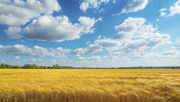 Vibrant Agriculture Field In Southern Ukraine: Golden Wheat, Blue Sky, And Fluffy Clouds Above - A