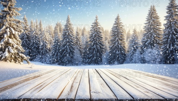 Winter Wonderland: A Scenic Christmas Landscape With Copy Space. Snow-Covered Wooden Flooring In A