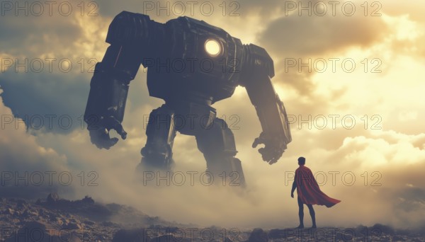 Superhero Battling Enormous Evil Robot - Exciting Clash Of Good Versus Evil In A High-Stakes