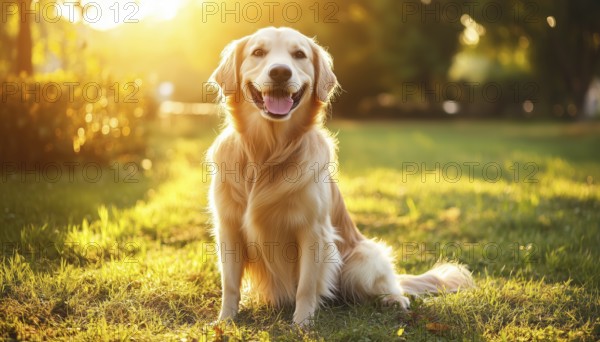 Gorgeous And Intelligent Golden Retriever Enjoying The Sun In A Lush Garden Park. A Pet'S Paradise