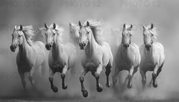Group Of Gray-Toned Horses Charging Towards The Viewer, Creating A Powerful And Dynamic Image Of