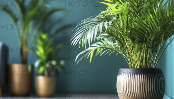 Lush Green Plants In Stylish Pots Creating A Cozy Indoor Garden Against A Teal Wall With Modern
