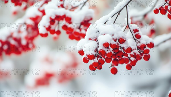 Breathtaking Winter Landscape: Snow-Laden Rowan Tree Branches With Vibrant Red Berries. Close-Up