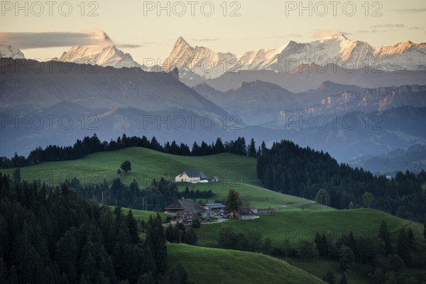 Panorama, snow-covered mountains, Bernese Oberland, view from Lüderenalp, sunrise, Emmental, Canton