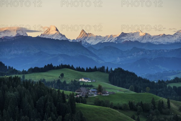 Panorama, snow-covered mountains, Bernese Oberland, view from Lüderenalp, sunrise, Emmental, Canton