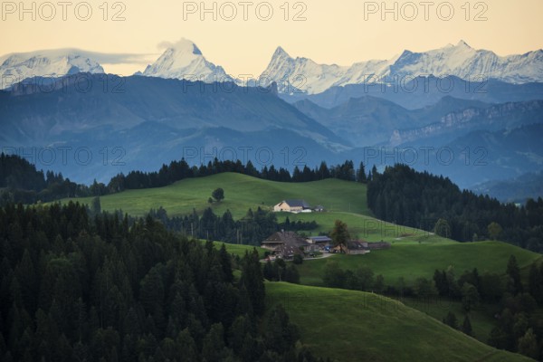 Panorama, snow-covered mountains, Bernese Oberland, view from Lüderenalp, sunrise, Emmental, Canton
