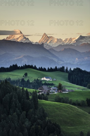Panorama, snow-covered mountains, Bernese Oberland, view from Lüderenalp, sunrise, Emmental, Canton