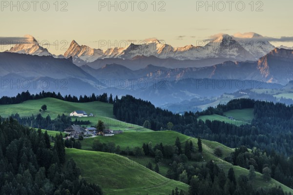 Panorama, snow-covered mountains, Bernese Oberland, view from Lüderenalp, sunrise, Emmental, Canton