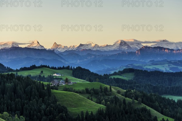 Panorama, snow-covered mountains, Bernese Oberland, view from Lüderenalp, sunrise, Emmental, Canton