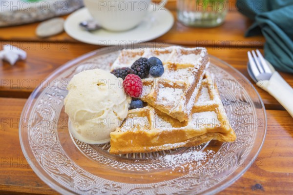 Close-up of waffles with berries and ice cream on a plate on a wooden table
