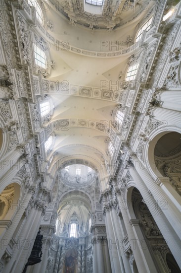 Impressive baroque church architecture with ornately decorated ceiling in the interior, Munich,